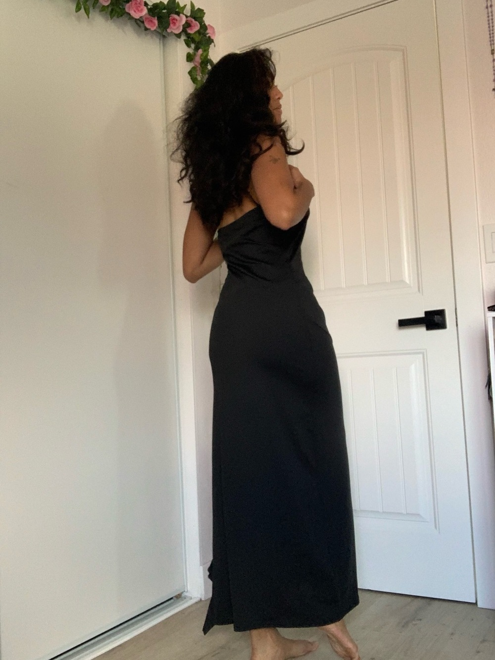 Black Ruffle Side-Slit Slip Dress - Picture 6 of 6